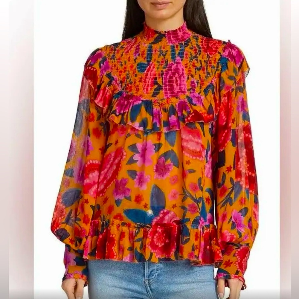 Farm Rio Yellow Floral Dream Blouse Size M Like New